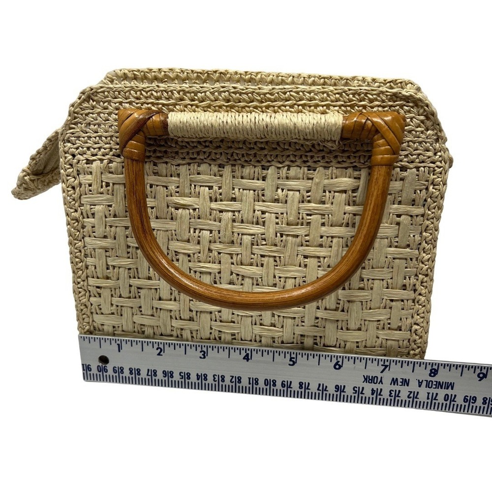 Fossil Straw Woven Top Handle Bag Floral Embroidered Wood Handle Handbag - Picture 14 of 14